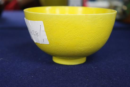 A Chinese yellow ground bowl, Guangxu mark and period, restored